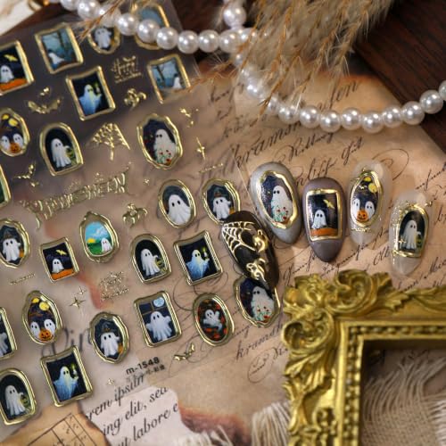 1 Sheet Retro Halloween Nail Stickers 5D Self-Adhesive Engraved Retro Picture Frame Ghost Nail Decals Flower Ghost Pegatinas Uñas Gold Spider Web Bats Nail Supplies for Women Nails Decorations - color: Flower Ghost