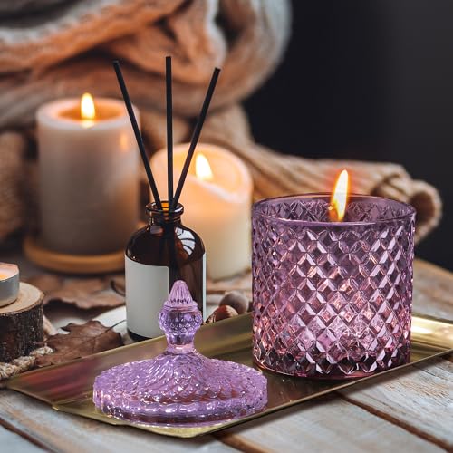 Joeyan 18oz Dark Purple Glass Jars with Lid,Embossed Candy Dishes,Diamond Faceted Glass Food Container,Decorative Jewelry Box Canisters,Colored Kitchen Bathroom Storage Organizer,Gifts for Buffet - color: Dark Purple