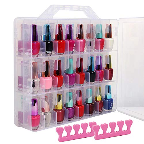 SUBAY Portable Nail Polish Organizer, Clear Double Side Nail Polish Holder,Gel Nail Storage for 48 Bottles with 6 Adjustable Dividers in Each Side Space Saver - size: 1 Piece Clear