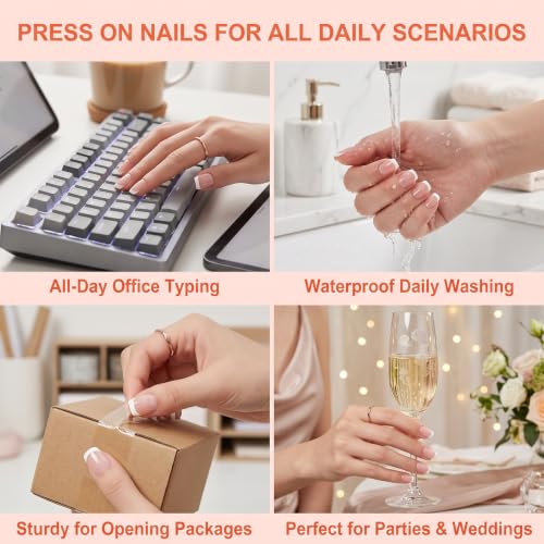 Press on Nails Short French Square Acrylic Press On Fake Nails 24 Pcs