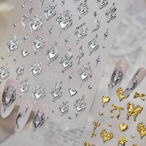 SOFTSOUL 5D Embossed Nail Stickers – Premium Salon-Grade Nail Art Stickers, Self-Adhesive Nail Decals, Long-Lasting, Detailed Textured Designs, Easy DIY Manicure, Home or Salon Use (Flaming Heart) - color: Flaming Heart