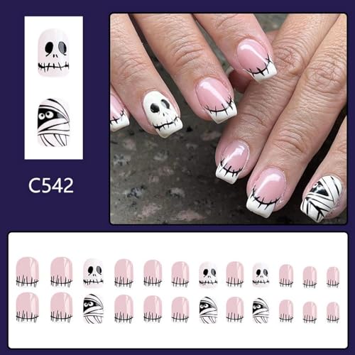 Halloween French Tip Press on Nails Short Square Shaped Fake Nails with Skull Designs Full Cover Acrylic Nails Pink White Glossy False Nails for Women Manicure 24 Pcs - color: Halloween Style 025