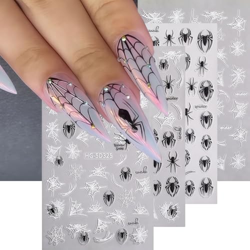 Halloween Nail Art Stickers Decals Black White Spider Web Spider Pattern Design 3D Self-Adhesive Nail Stickers Halloween Spider Nail Art Decals for Women DIY Festival Salon Manicure Decoration - style: Autumn
