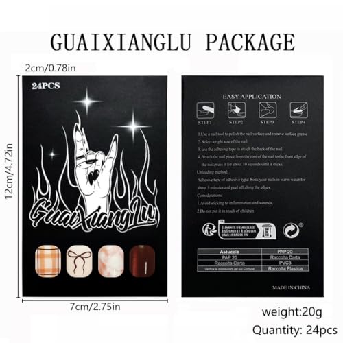 Short Oval Press on Nails, Brown Bow Plaid Marble Fake Nails, 24Pcs - color: Color-16