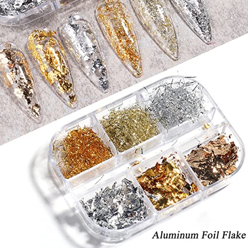 Holographic Nail Foil Flakes 3D Sparkly Aluminum Foil Glitter Sequins Nail Art Supplies Gold Silver Nail Art Foil Glitter Paillettes Line Strip Nail Glitter Flakes for Acrylic Nails Design (6 Grids) - color: A1