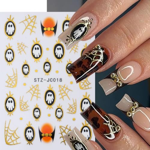 6 Sheets Halloween Ghost Nail Art Stickers Gold Frame Spiderweb Nail Decals - color: Halloween 16