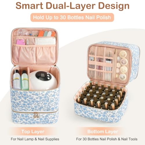 Uross Nail Polish Organizer Bag Case, 30 Bottles PU Leather- Blue Floral - size: Medium- Hold 30 Bottles