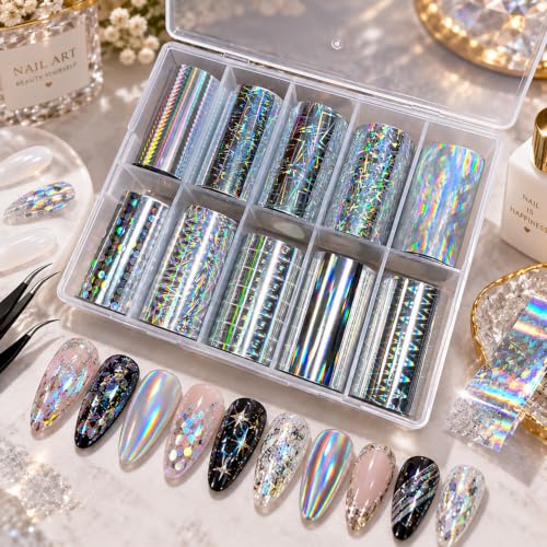 10Pcs Laser Aurora Nail Foil Transfer Stickers for Long Short Acrylic Nails - color: Silver