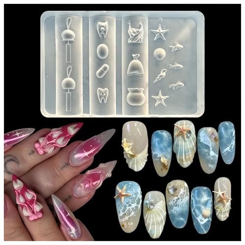 3D Marine Elements Nail Mold Multiple Shapes Teeth Wind Chimes Silicone Nails Molds Accessories Gel Plastic Bag Art Manicure Tools - color: 3D Marine Elements Nail Mold