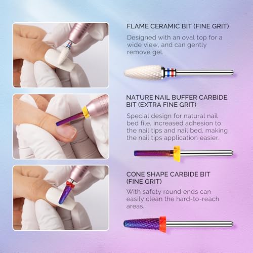MelodySusie 3Pcs Nail Drill Bits Set, 3/32'' Carbide Tungsten Ceramic Bits, Flame, Nature Nail Buffer and Cone Shape Bits, Suitable for Manicure Pedicure Cuticle Gel Acrylic Remover - size: D Set