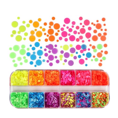 1 Box 12 Color Fluorescent Circle Nail Glitter Pink Yellow Nail Sequins 3D Colorful Nail Flakes Sparkly Glitter Flakes Shiny Nail Glitter Iridescent Nail Sequins Glitter for Nails Art 12 Grids - color: YHN09