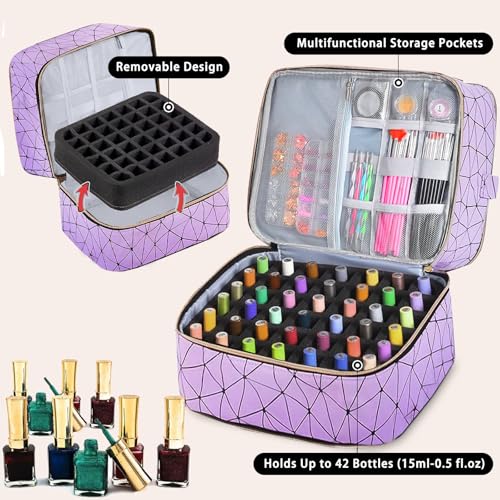 DHXYZZB Nail Polish Organizer Storage Bag - Holds 84 Bottles (15ml/0.5fl.Oz) & Manicure Tools & UV Lamp, 3 Layers Detachable PU Leather Nail Kit Storage Case, Large Travel Nail Supplies Shoulder Bag - color: Purple
