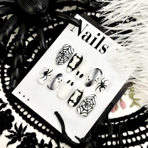 30pcs Halloween Press On Nails Ghost Spider Web Fake Nails Gothic Nail Tips - color: Halloween Press on Nails 15