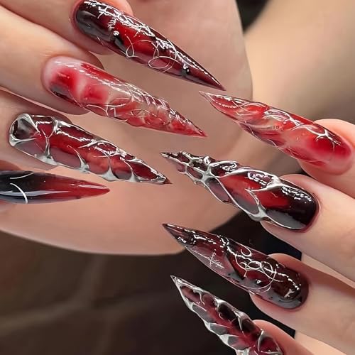 MISUD Press on Nails - Long Stiletto Glue on Nails with Goth Red Black, Acrylic Vampire Gothic Design 24 pcs - color: 02305-10Red&Black