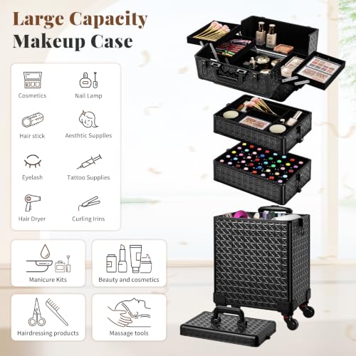 AROUS 5 in 1 Rolling Makeup Train Case with Lid Cosmetology Case on Wheels - color: Black