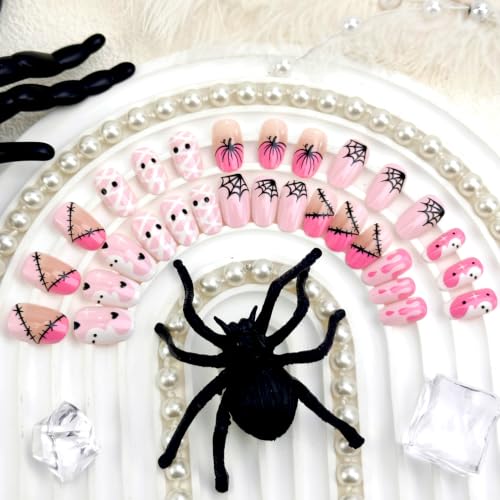 Halloween Press on Nails Ghost Spider Web Short Almond Fake Nails - color: Halloween Press on Nails 07
