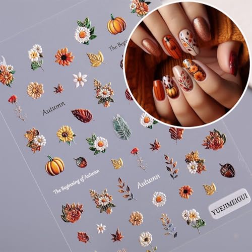 2 Sheets Maple Leaf Nail Art Sticker 5D Embossed Thanksgiving Pumpkin Nail Stickers Pinecone Rose Ginkgo Leaf Design Nail Decals for Women Autumn Manicure Decoration - style: Pumpkin