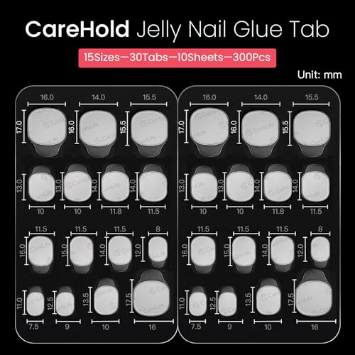 Curvlife CareHold Pro Nail Adhesive Tabs for Press On Nails – 10 Sheets, 15 Sizes Extra Wide 0.3mm Ultra Thin Double Sided Sticky Tabs, Clear Nail Stick Ons for Daily Wear and Gentle Removal
