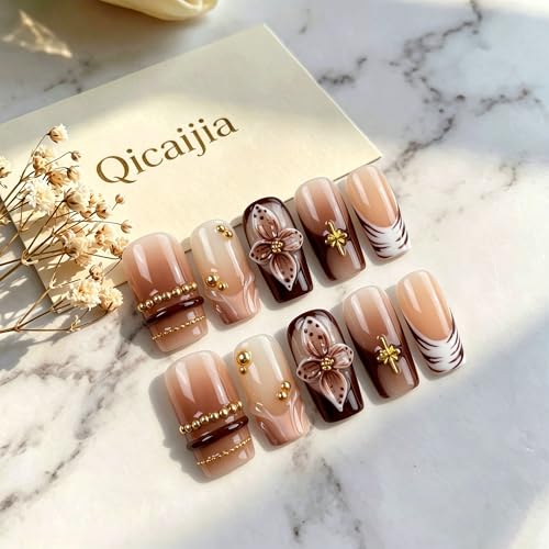 Handmade Press on Nails Medium Square Brown Gradient False Nails with 3D Flower and Swirl Design French Tip Fake Nails Luxury Reusable Acrylic Nails Press Ons for Women 10Pcs (Size M) - color: style4