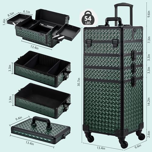 Rolling Makeup Case, Makeup Train Case with Lid, 5 in 1 Cosmetology Case on Wheels, Christmas Gift, Large Makeup Case Organizers, Profesional Cosmetic Case for Salon Barber,Black Green - color: Black Green