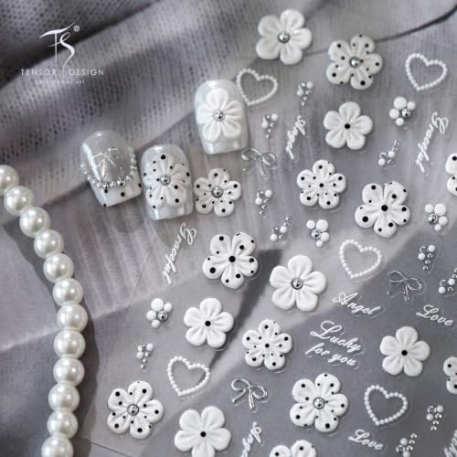 White Flower Nail Stickers 5D Embossed Nail Stickers Decals - color: Color37