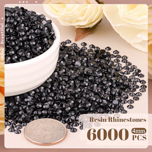 6000PCS 4mm Resin Rhinestones Bulk for Crafting (Black), Flatback Bedazzling Crystals for Crafts DIY Nail Decoration, Gems Charms for Tumbler Shoes Clothing Fabric with Pickup Pen and Tweezers - color: B04 Resin Rhinestones (Black), size: 4mm