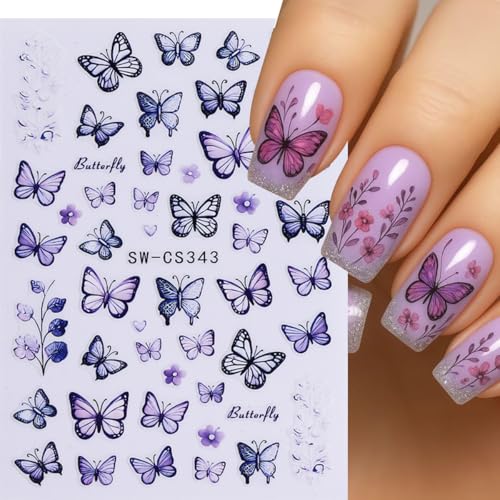 Butterfly Nail Art Stickers, Butterfly Nail Decals 3D Self Adhesive with Blue Purple Pink Yellow Butterflies Flower Design 6Pcs Spring Nail Art Supplies for Women Girls Spring Summer Nail Decoration - style: style2