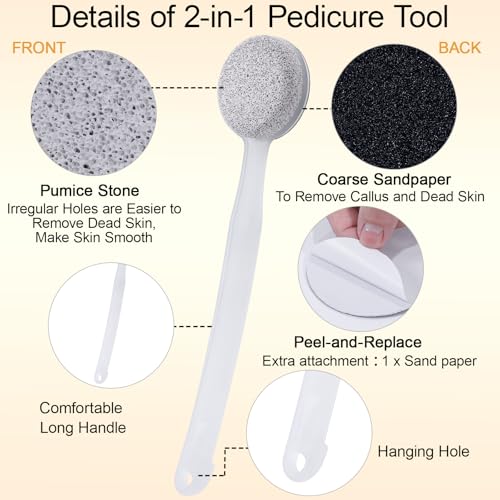 Pumice Stone for Feet with Long Handle 13.7", Double Sided Pedicure Tool for Hard Skin Callus Remover, Foot Scrubber and Exfoliator with Sand Paper for Softer & Smoother Feet, Clear White - color: Clear White