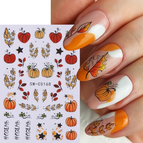6 Sheets Fall Nail Stickers 3D Self-Adhesive Thanksgiving Nail Decals Autumn Maple Leaf Nail Art Stickers Pumpkin Fruit Fallen Leaves Sunflower Nail Design for Women Holiday DIY Manicure Accessories - color: Fall