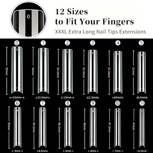 3XL Square Nail Tips, Long Half Cover Gel Tips 288 Pcs - size: Extended Rectangle