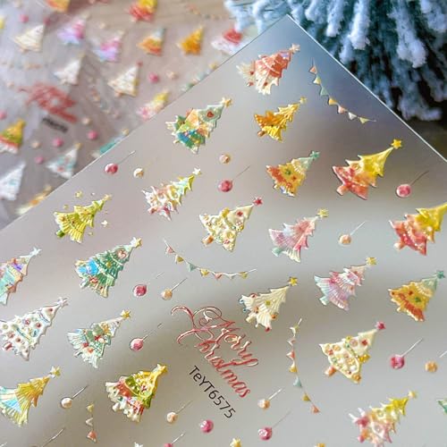 Christmas Nail Stickers for Nail Art Cute Colorful Christmas Tree Nail Art Stickers Xmas Winter 5D Embossed Nail Decals 3D Self-Adhesive Nails Supply Manicure Sliders for Nails Decoration - color: Cute Colorful Xmas Tree
