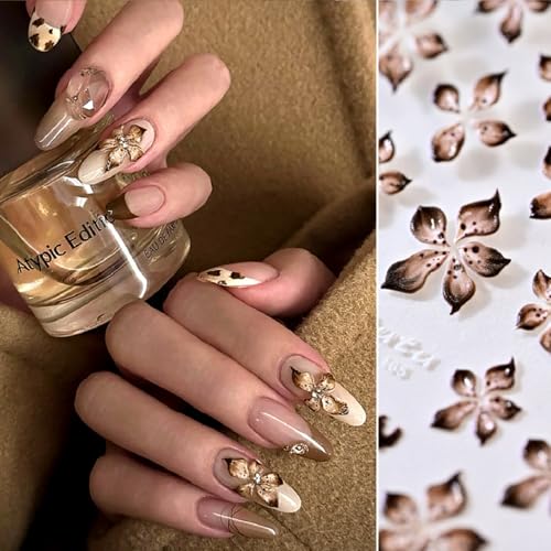 Flower Nail Stickers for Nail Art Wild Flowers Nail Art Stickers Summer Floral Brown 5D Embossed Nail Decals Self-Adhesive Nails Supply Manicure Sliders Devil Flower for Nails Decoration - color: Stickers Style7