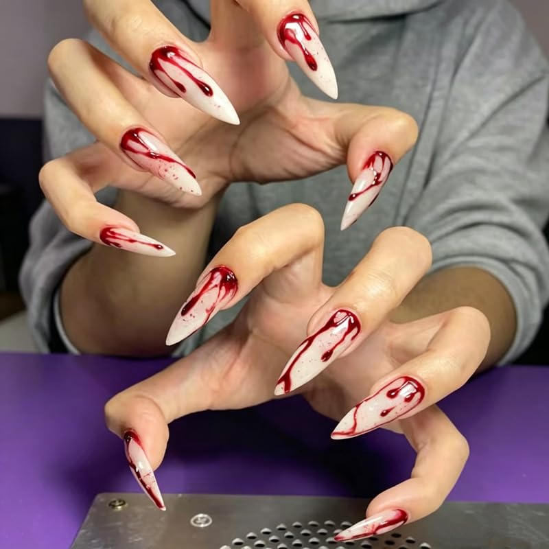 Medium Almond Press on Nails Red Halloween False Nails 24Pcs - color: Style 4
