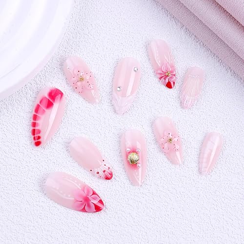 Summer Spring Press On Nails Medium Almond Fake Nails Pink Flower False Nails With Gold Shell White Pearl Design Reusable Acrylic Nail Press Ons Glossy Stick On Nails For Women 24Pcs - color: Design-25