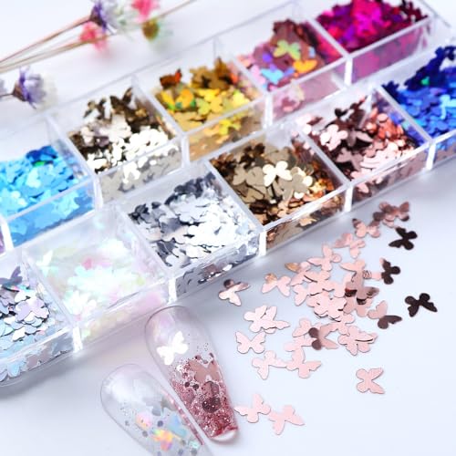 1 Box 12 Color Holographic Butterfly Nail Glitter Laser Silver Nail Sequins 3D Red Gold Nail Flakes Sparkly Powder Flakes Shiny Nail Glitter Colorful Nail Sequins Glitter for Nails Art 12 Grids - color: Color 44
