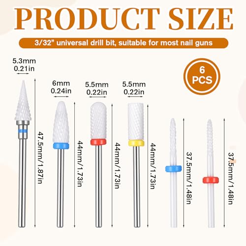 6Pcs Ceramic Nail Drill Bits, 3/32 Inch Ceramic Drill Bit for Nails