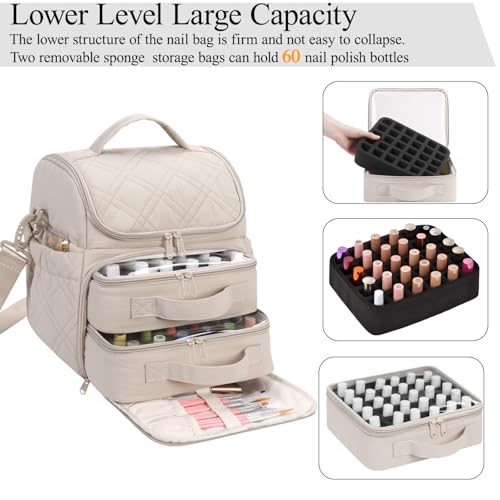 FCQQYWZ Nail Polish Organizer with 2 Detachable Cases Hold 60 Bottles & Nail Lamp, Portable Nail Organizers and Storage with Handle & Shoulder Strap, Travel Nail Bag for Manicure Tools - color: 60-Bottles-Camel