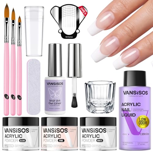 Acrylic Nail Kit - 40ml Low-Odor Acrylic Liquid 3 x 15g Powders (White, Clear, Pink) and 10ml Gel Liner for Nail Extensions Nail Stamper for French Nails - size: Acrylic nail kit-f