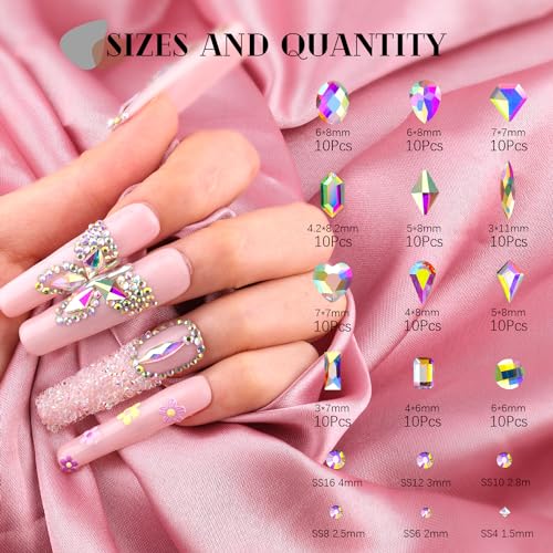 2680Pcs AB Glass Nail Rhinestones 120Pcs Multi Shapes Flatback Nail Gems + 2560Pcs 1.5-4mm Round Crystal, Manicure Nail Charms Diamond Gemstones for Acrylic Nails Decoration - color: 12 AB Crystal, size: 2 pack