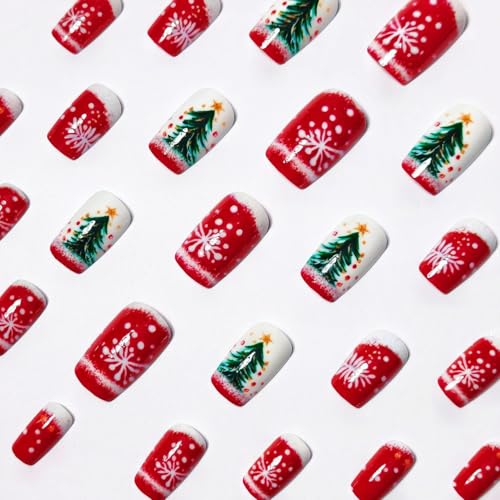 24 Pcs Christmas Press on Nails Xmas Trees & Snowflake Fake Nails with Design Winter Snowflake False Nail Glossy Red Full Cover Christmas Artificial Stick on Nails Art for Women DIY Nail - color: Style 45