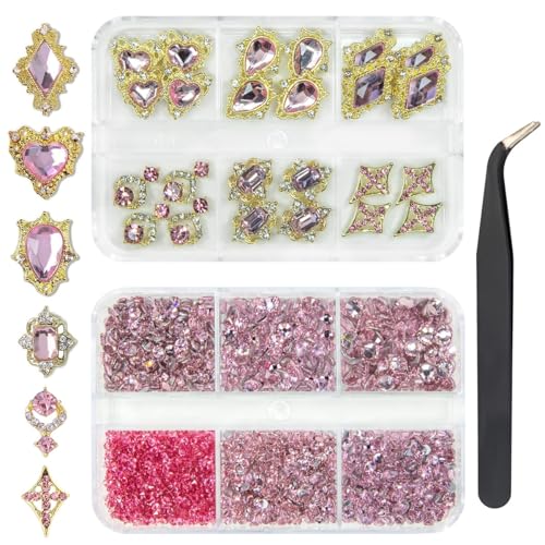 qiipii 24pcs Pink Luxury Nail Charms +2000pcs Rhinestones 3D Big Nail Gems K9 Glass Nail Crystals Diamonds Jewelry Stones Alloy Nail Art Studs Decor Supplies Heart Charms for Arylic Nails DIY Crafts - color: Luxury Charms - Pink, size: 2 Box