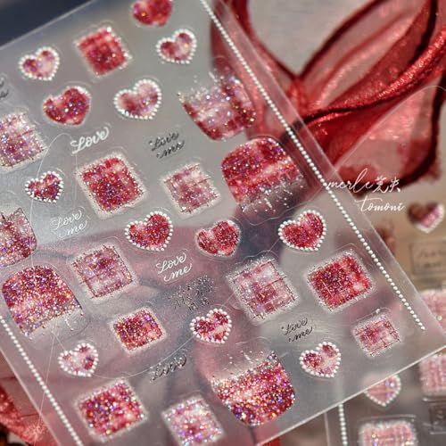 Love Letter Nail Stickers 5D Embossed – Premium Salon-Quality Self-Adhesive Nail Wraps, Tweed Warm Wine Red & Gold Sparkle Heart Designs, Easy Application for DIY Manicure, Press On, Home or Salon Use - color: Love Letter