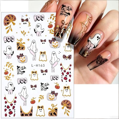 Halloween Ghost Nail Art Stickers Pumpkin Face Spider Webs Nail Art Decals 4 Sheets 3D Self-Adhesive Halloween Stickers Flower Maple Leaves Nail Designs for Women Holiday Nail Supplies Decorations - color: Halloween Style9