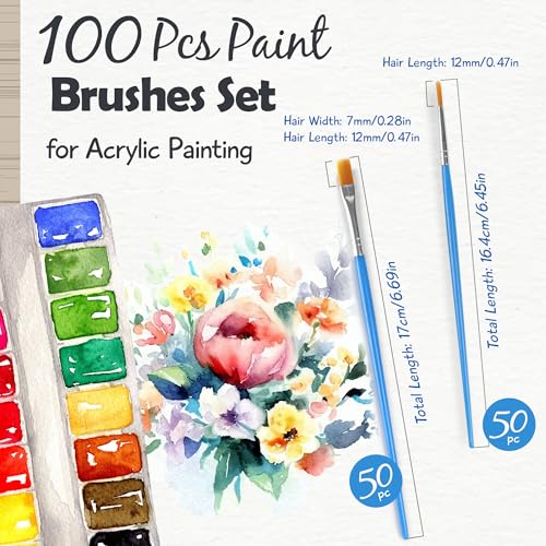 Halobios 100 Pcs Paint Brushes Set for Acrylic Painting, 50 Pcs Flat and 50 Pcs Round Art Paint Brushes, Painting Brushes for Kids Adults Oil Watercolor Rock Painting Body Face Nail Art - size: 100-MIX