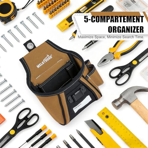 MELOTOUGH Nail and Screw Organizer Bag for Electricians and Carpenters, Tool Belt Pouch with Belt Clip, Heavy Duty Work Fastener Pouch - color: Brown