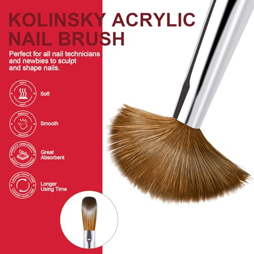 6PCS Acrylic Nail Brush Set, Kolinsky Hair, Oval Crimped Pressed Shaped, Red Metal Handle, Professional Manicure for DIY Home Salon - Sizes 4/8/10/12/14/16 - color: A+6pcs Gradient Red Silver, size: 6PCS