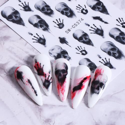 Halloween Bone Nail Art Sticker Skull Handprint Nail Decal 6Pcs/Pack Gothic Dark Horror Nail Art Decals 3D Self-Adhesive Spooky Bones Nail Supplies Accessories for Halloween DIY Manicure Decoration - color: Skull