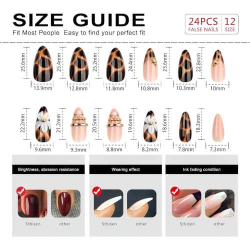 Press On Nails Medium Almond, 3D Flower Tortoiseshell, 24 Pcs - color: 107-Blush Amber Tortoise