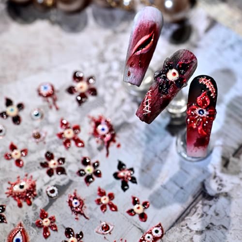 Halloween Nail Stickers for Nail Art Scary Eyeball Flower Nail Art Stickers Eye Scar Blood Red 5D Embossed Floral Nail Decals Self-Adhesive Nails Supply Manicure Sliders Devil for Nails Decoration - color: Blood Eyeball Flower