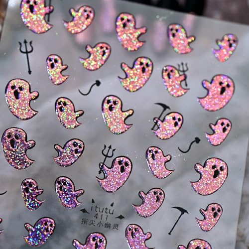 Pink Holographic Glitter Ghost Nail Stickers Self Adhesive Spooky Ghost Nail Art Decals with Mini Devil Pitchfork Waterproof Halloween DIY Manicure Decor Supplies for Women Girls Salon Acrylic Nails - color: Glitter Ghost